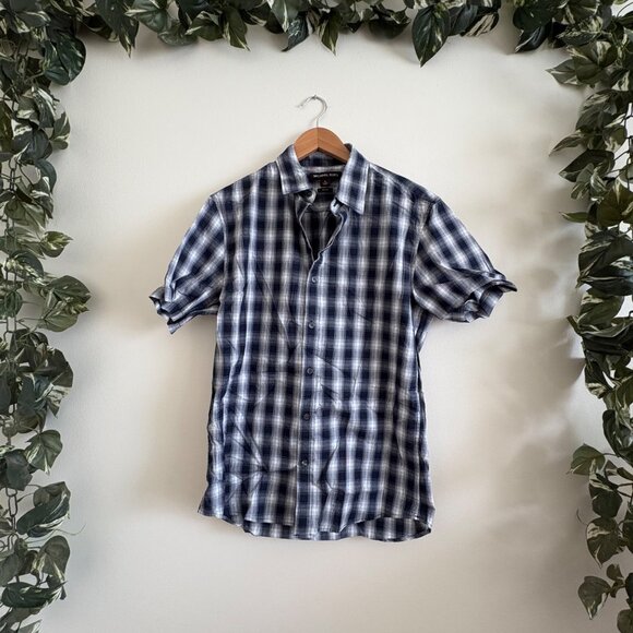 Michael Kors Front Button Classic Fit Short Sleeve Shirt Plaid Blue Men’s Size M - Picture 1 of 7